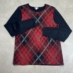 J Jill Plaid Argyle Sweater Knit Top Womens Med Red Black Long Sleeve Crew Neck